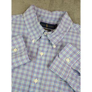 Polo Ralph Lauren Shirt Mens XL Blue Red Plaid Cotton Stretch Long Button Up